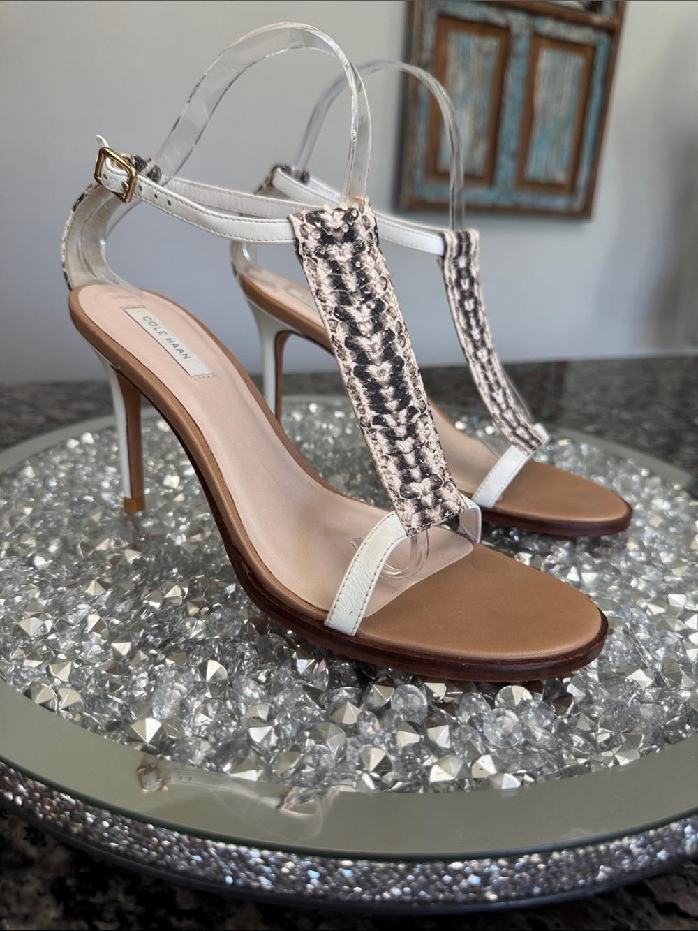 Cole Haan White Snake-Print T-Strap heels Sandals EUC 6.5